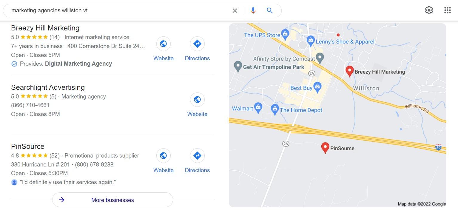 example of local SEO Google search result