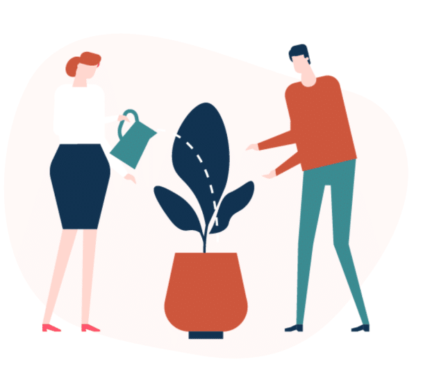 Cartoon drawing of two people caring for a plant